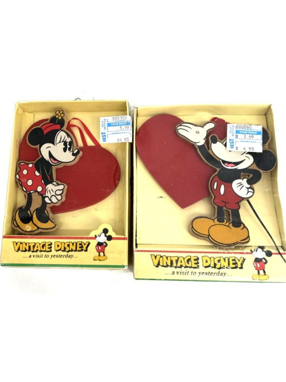 Wooden Mickey and Minnie Mouse Ornaments NIB 1990s 5" Disney Vintage